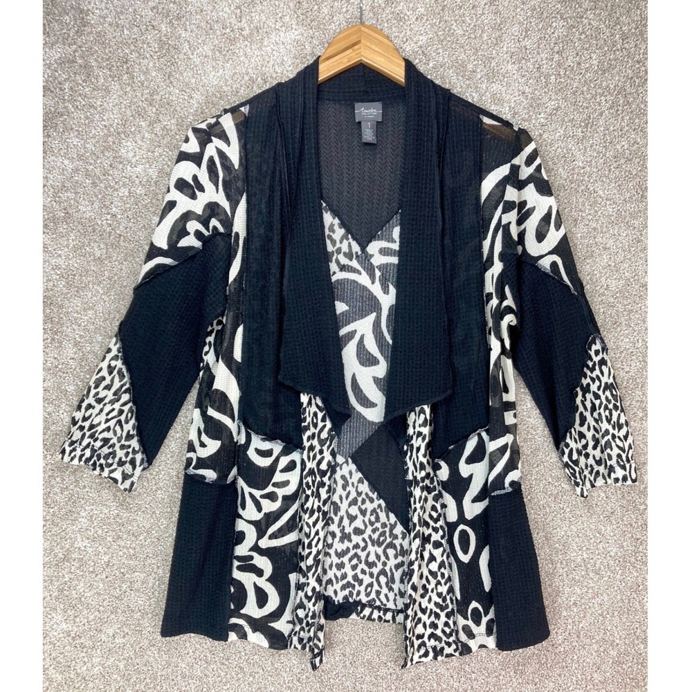 Chico's Travelers Mixed Animal Print Open Front Cardigan Womens Sz M Black White